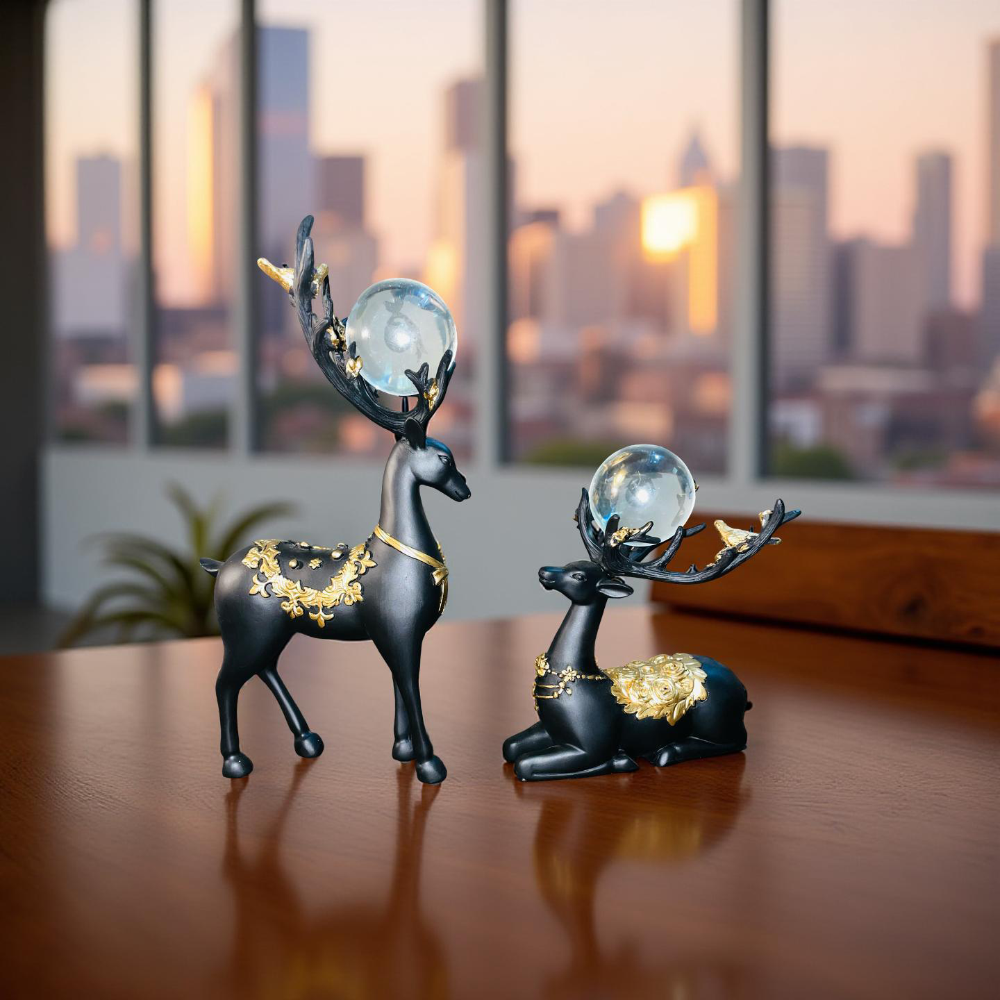 Regal Black & Gold Deer Figurine Set with Crystal Orbs