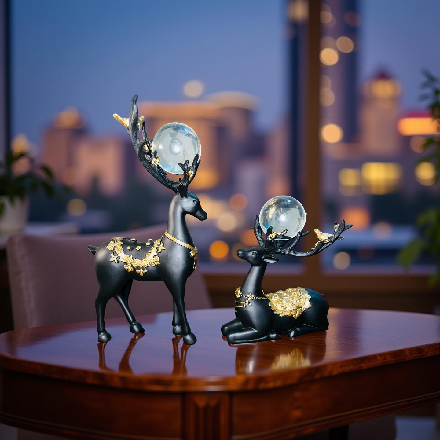 Regal Black & Gold Deer Figurine Set with Crystal Orbs