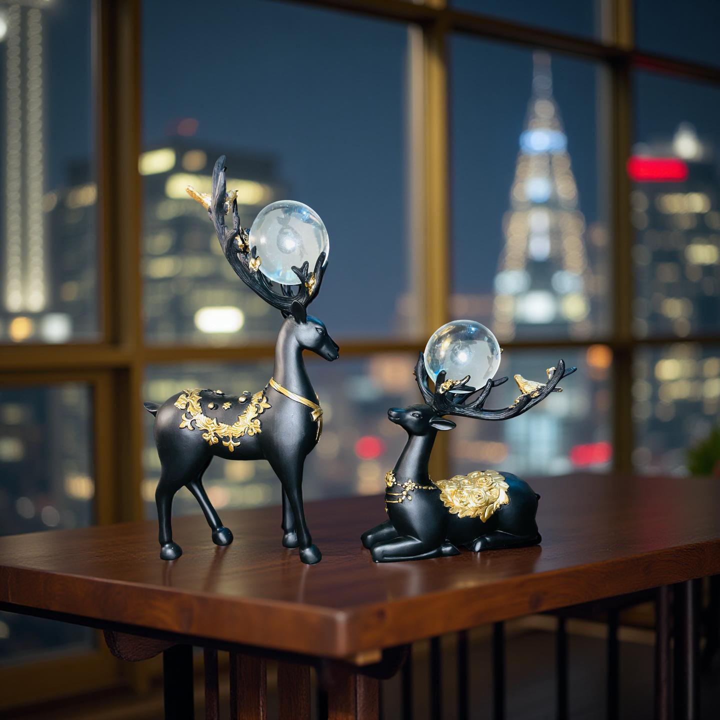 Regal Black & Gold Deer Figurine Set with Crystal Orbs