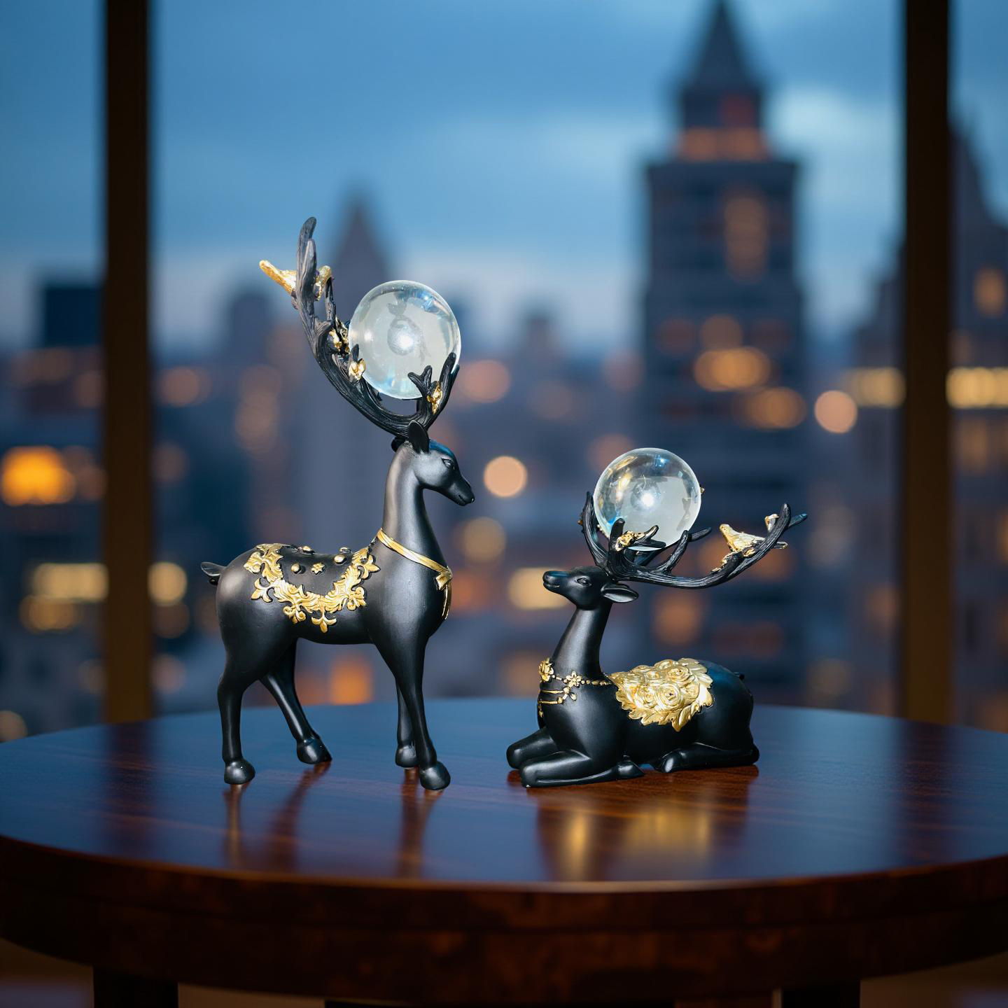 Regal Black & Gold Deer Figurine Set with Crystal Orbs