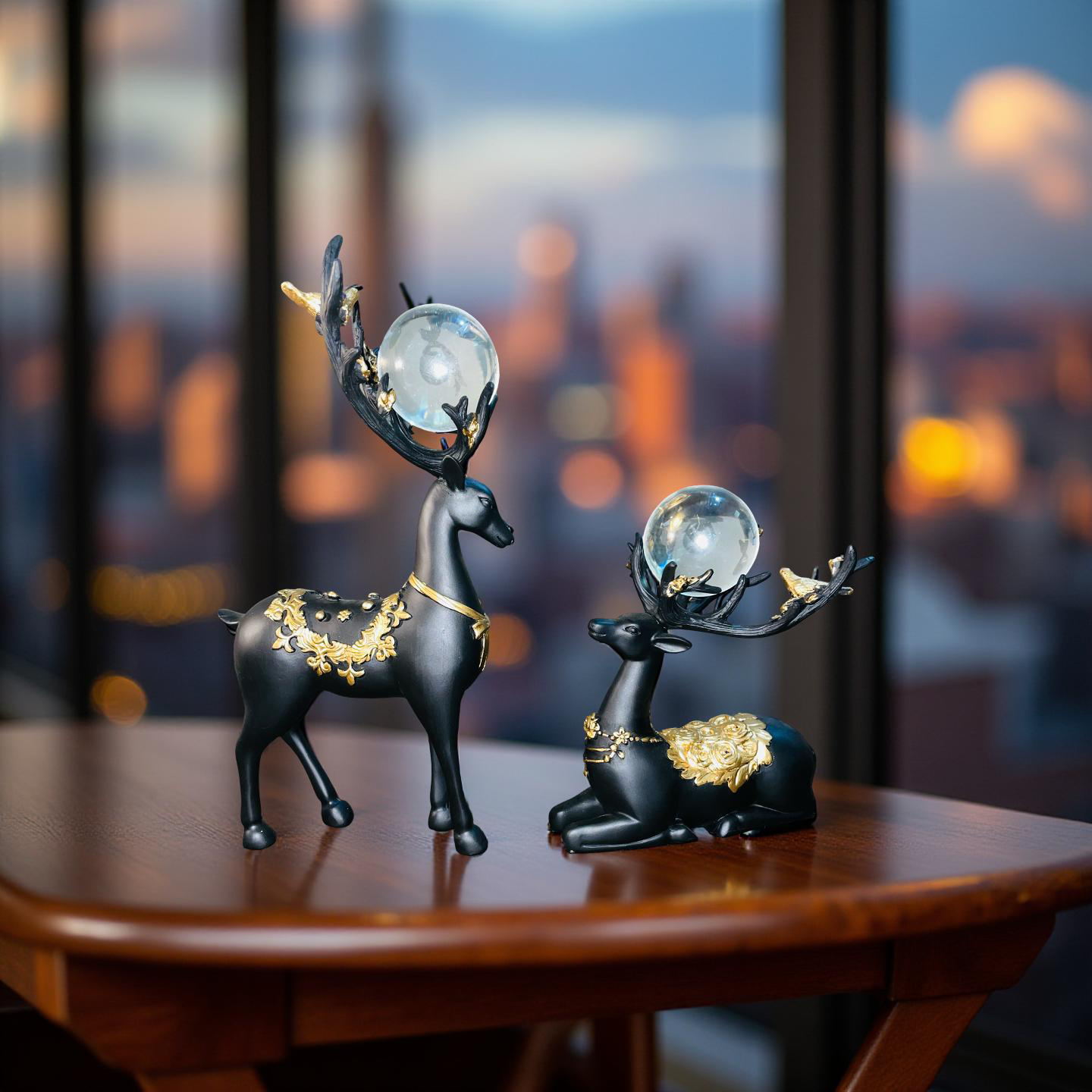 Regal Black & Gold Deer Figurine Set with Crystal Orbs