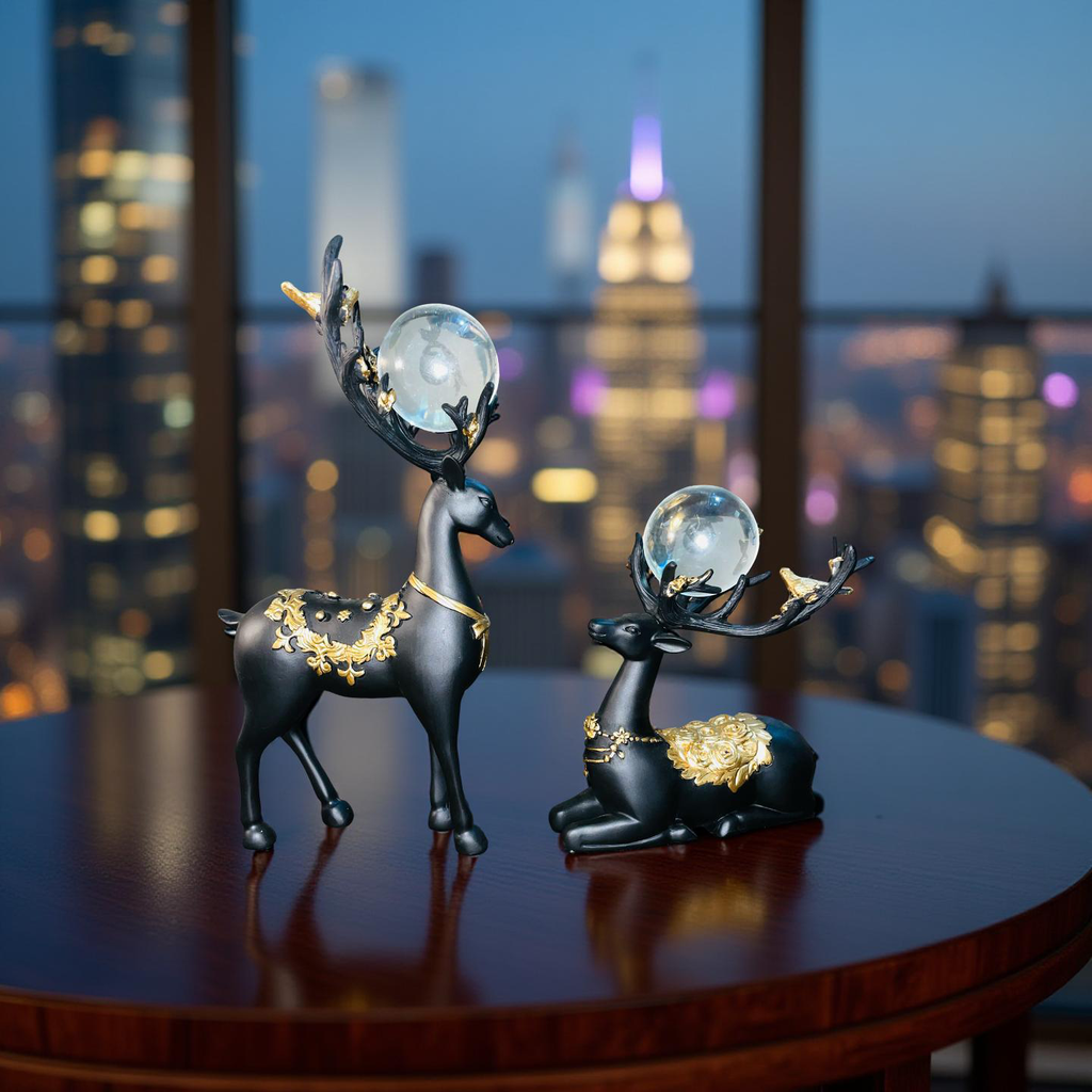 Regal Black & Gold Deer Figurine Set with Crystal Orbs