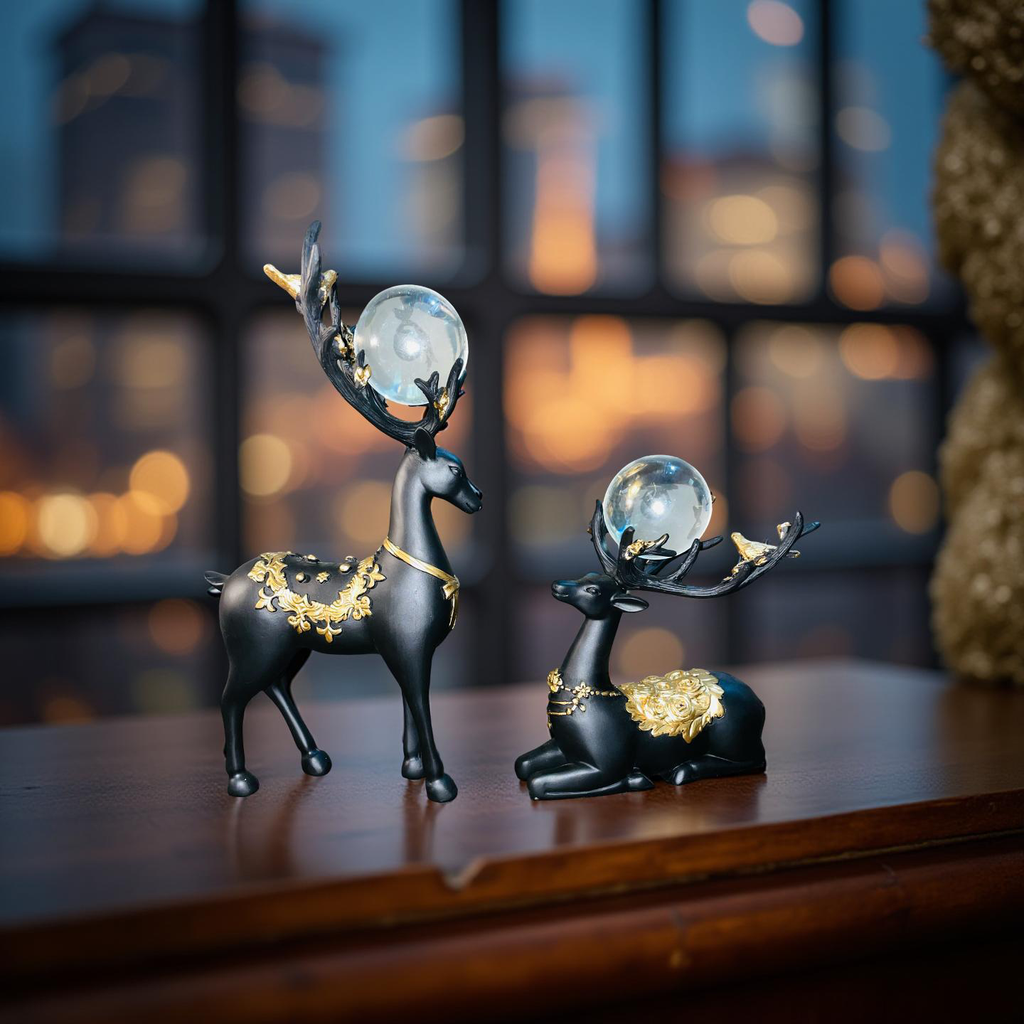 Regal Black & Gold Deer Figurine Set with Crystal Orbs