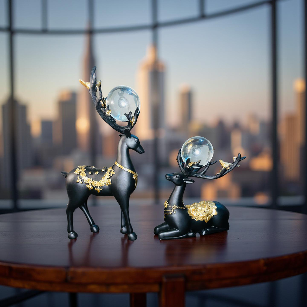 Regal Black & Gold Deer Figurine Set with Crystal Orbs