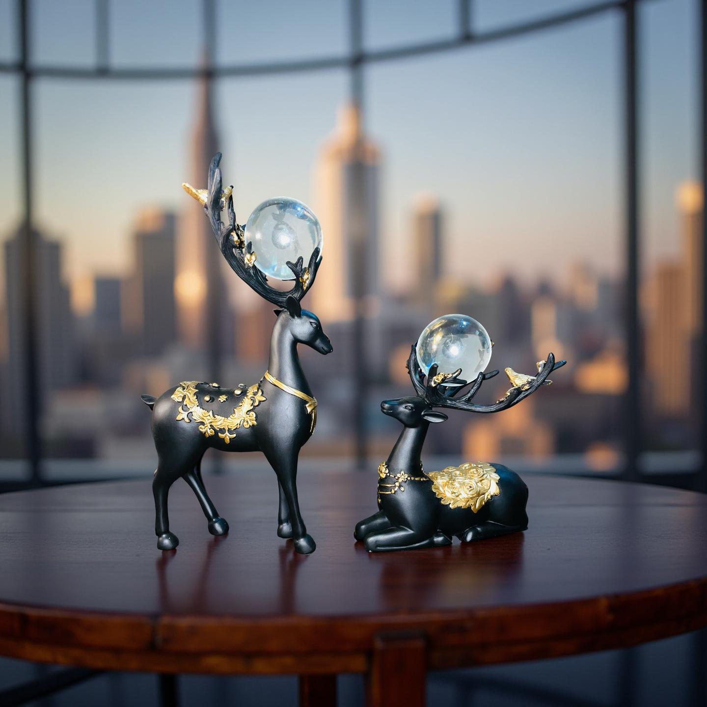 Regal Black & Gold Deer Figurine Set with Crystal Orbs