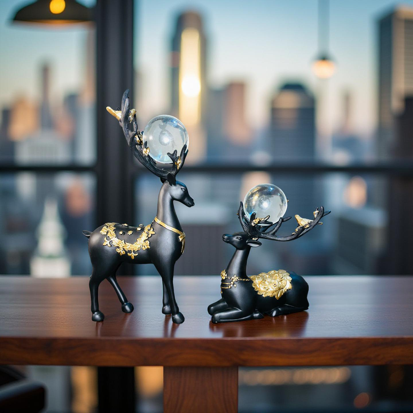 Regal Black & Gold Deer Figurine Set with Crystal Orbs