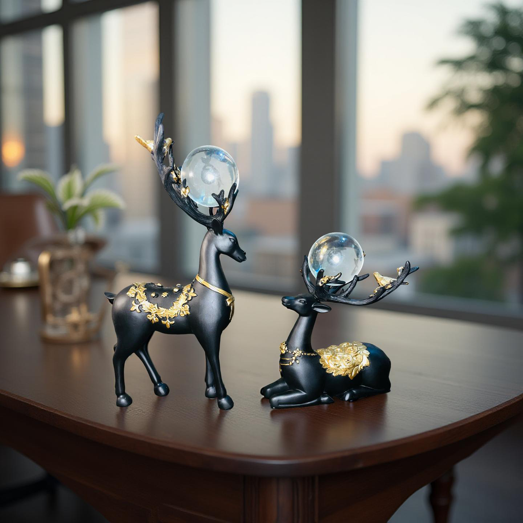 Regal Black & Gold Deer Figurine Set with Crystal Orbs