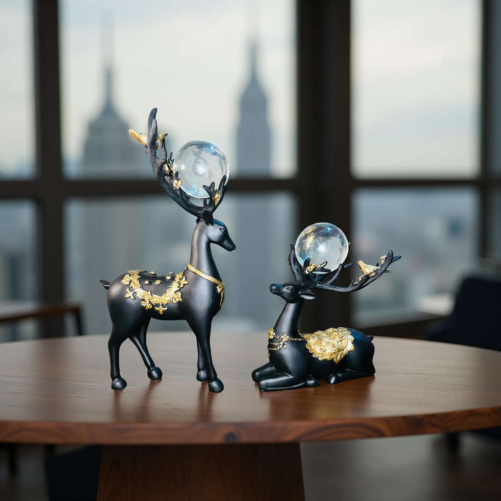 Regal Black & Gold Deer Figurine Set with Crystal Orbs