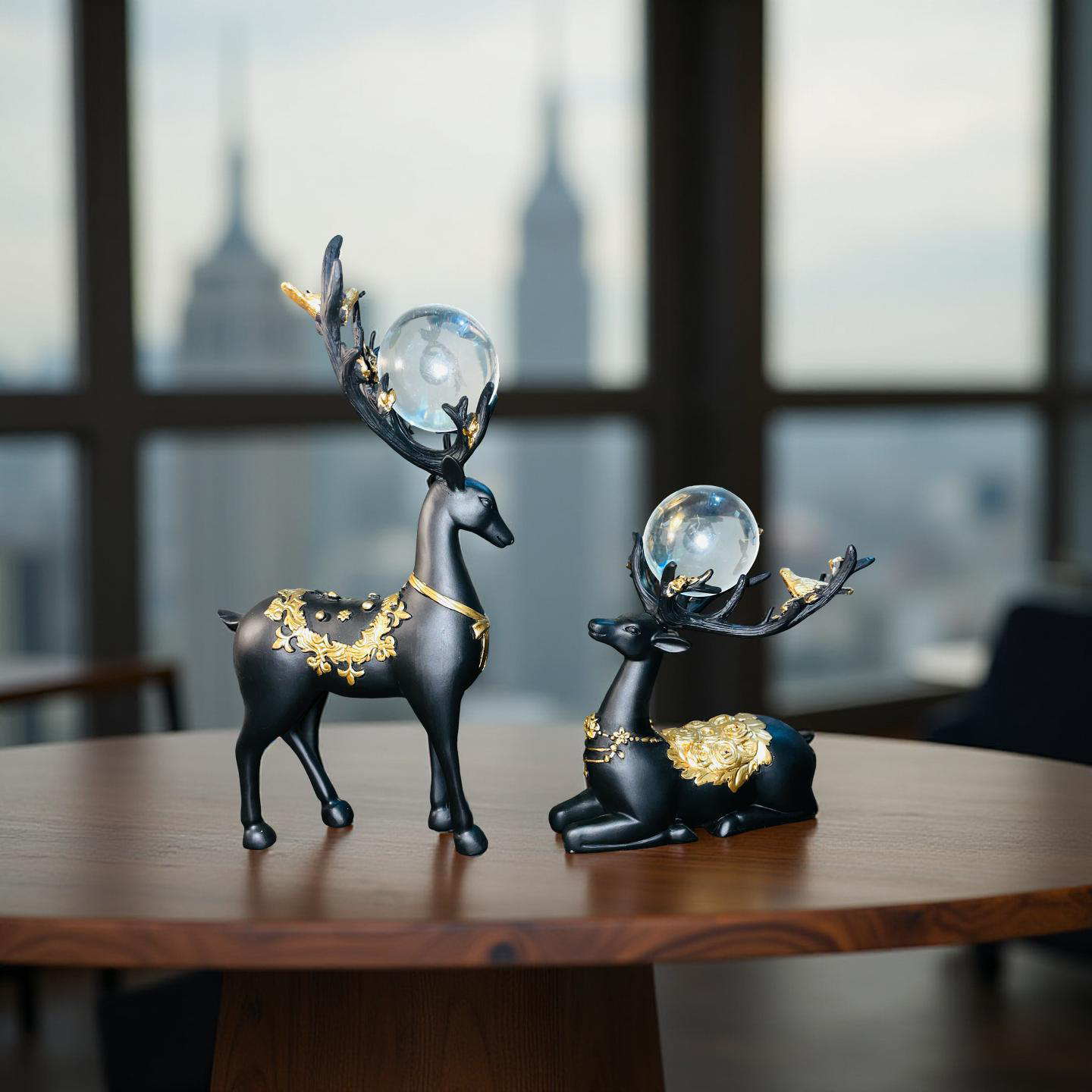 Regal Black & Gold Deer Figurine Set with Crystal Orbs