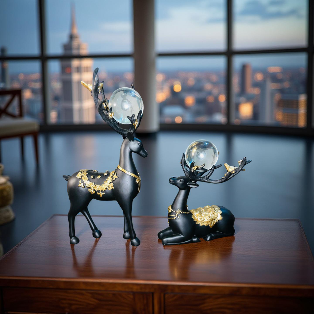 Regal Black & Gold Deer Figurine Set with Crystal Orbs