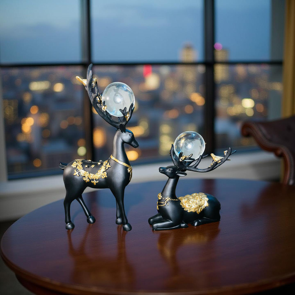 Regal Black & Gold Deer Figurine Set with Crystal Orbs
